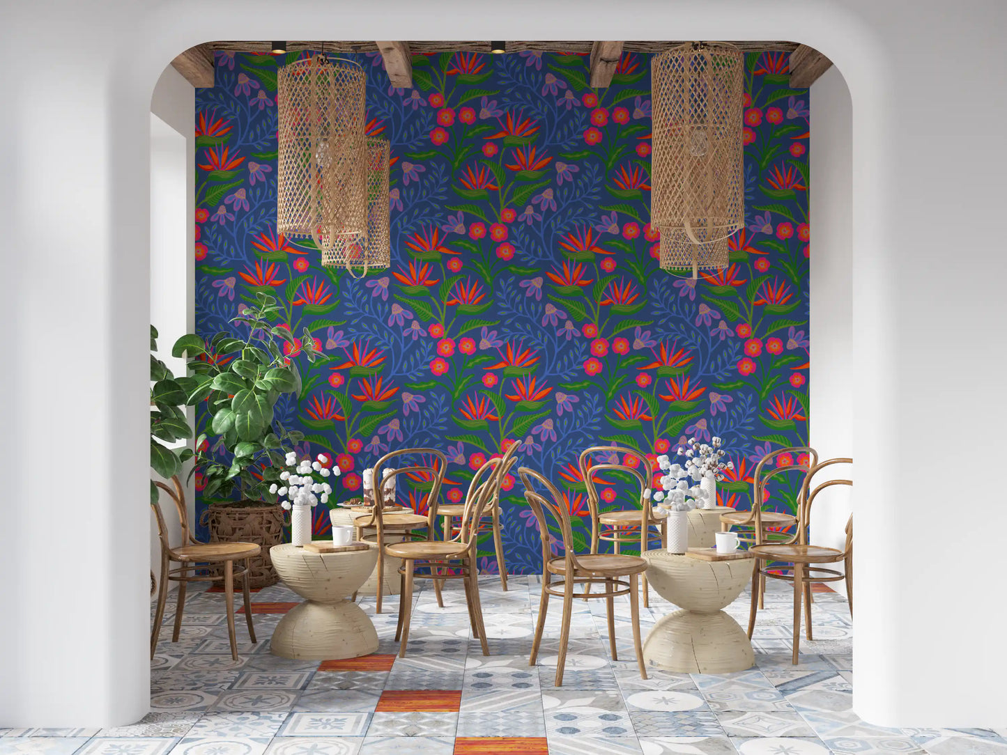 A Dining room features Tropical Tangle Floral Bird of Paradise Fuchsia Wallpaper.