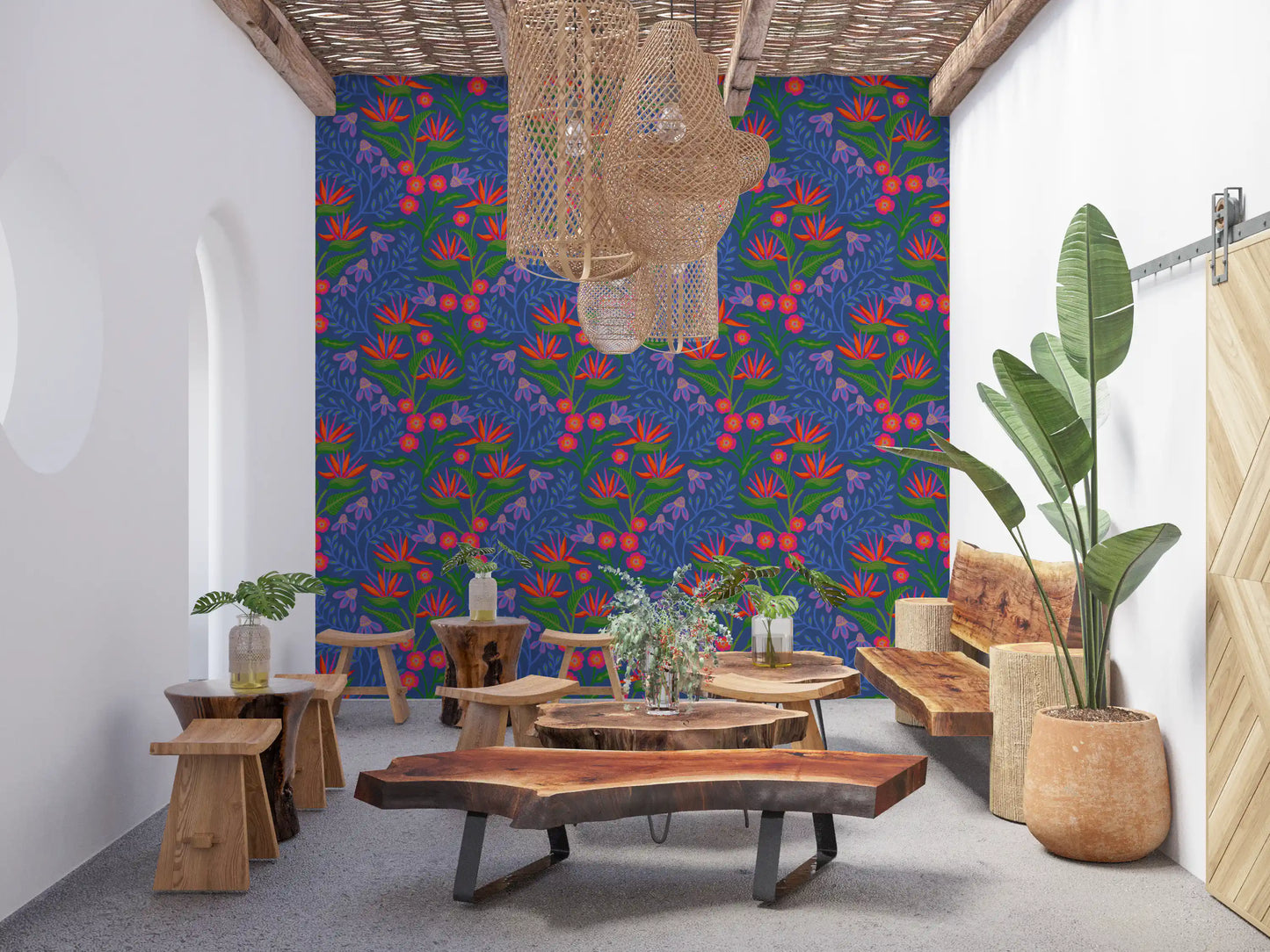 Tropical Tangle Floral Bird of Paradise Pink Blue Wallpaper the quiet Dining area.