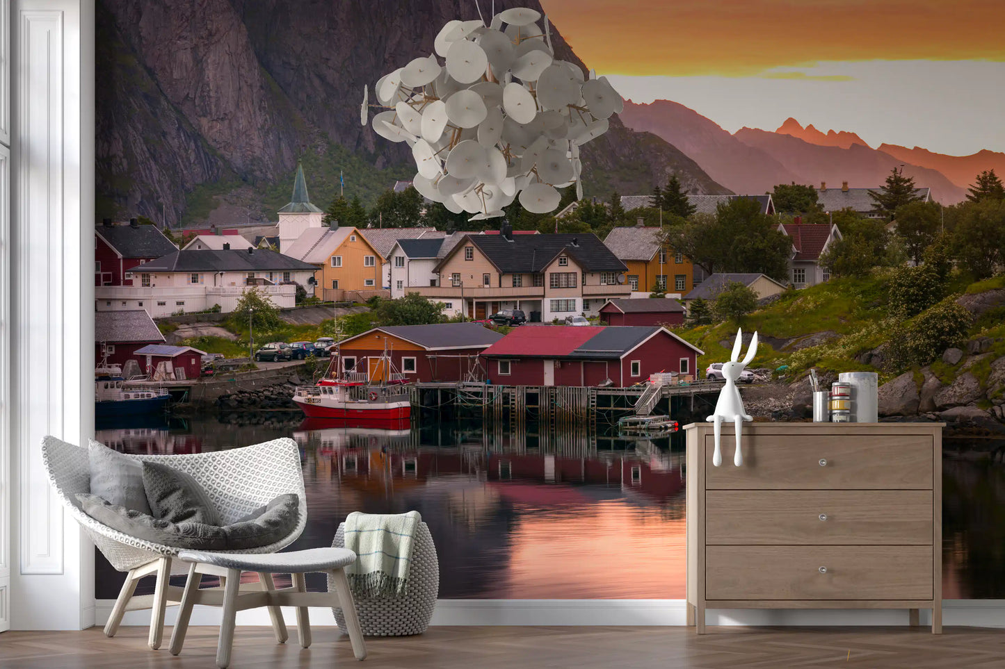 The Lofoten Village Sunset & Fjord Wall Mural creates a scenic backdrop in this lounge.