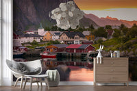 The Lofoten Village Sunset & Fjord Wall Mural creates a scenic backdrop in this lounge.