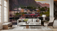 Dark granite cliffs plunge directly into calm inlets across a scenic Fjord wall mural.
