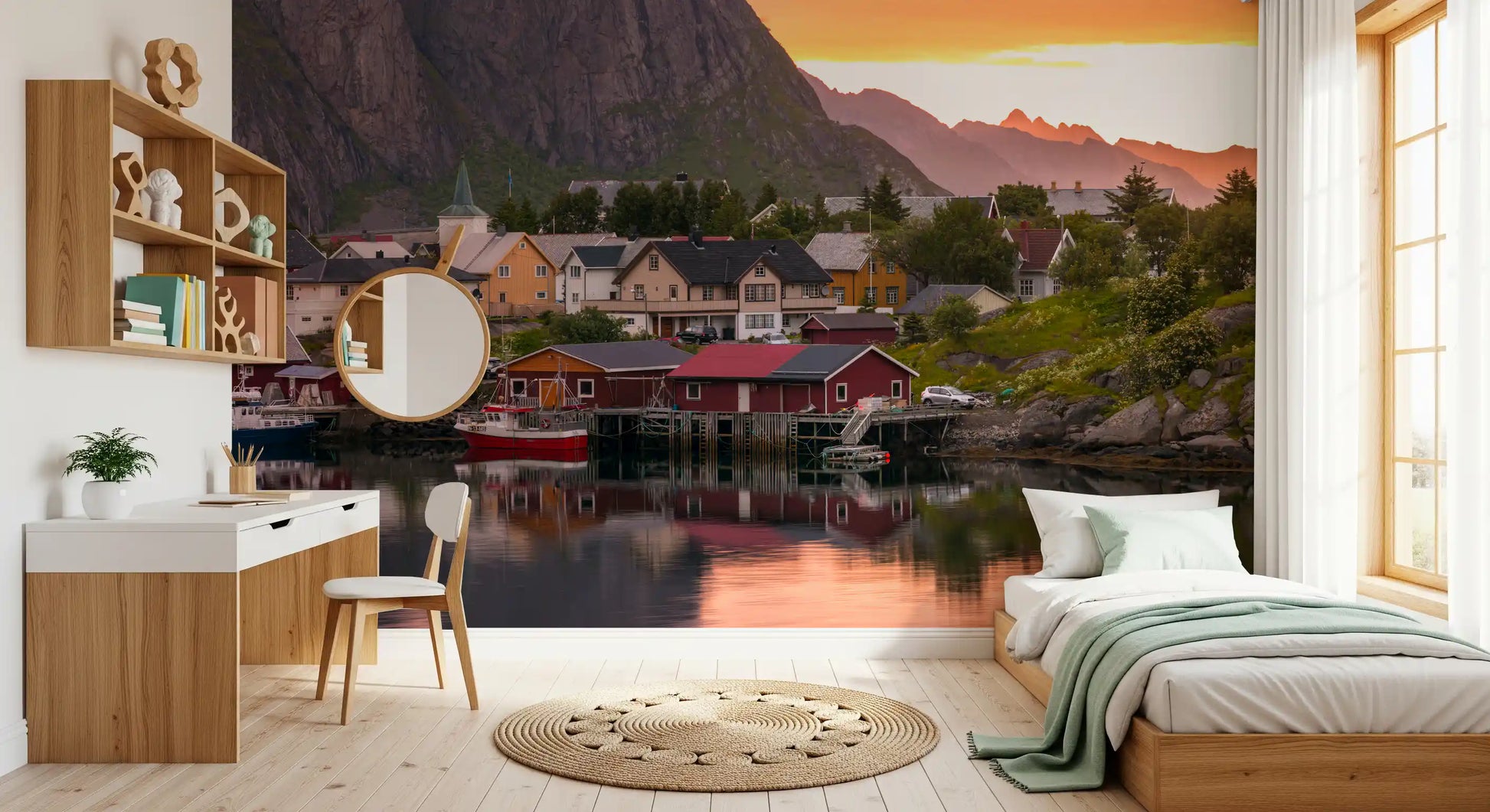Open Bedroom areas embrace the rustic charm of a Village wall mural.