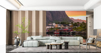 Bright colours of a Fjord wall mural wrap around a Lounge area