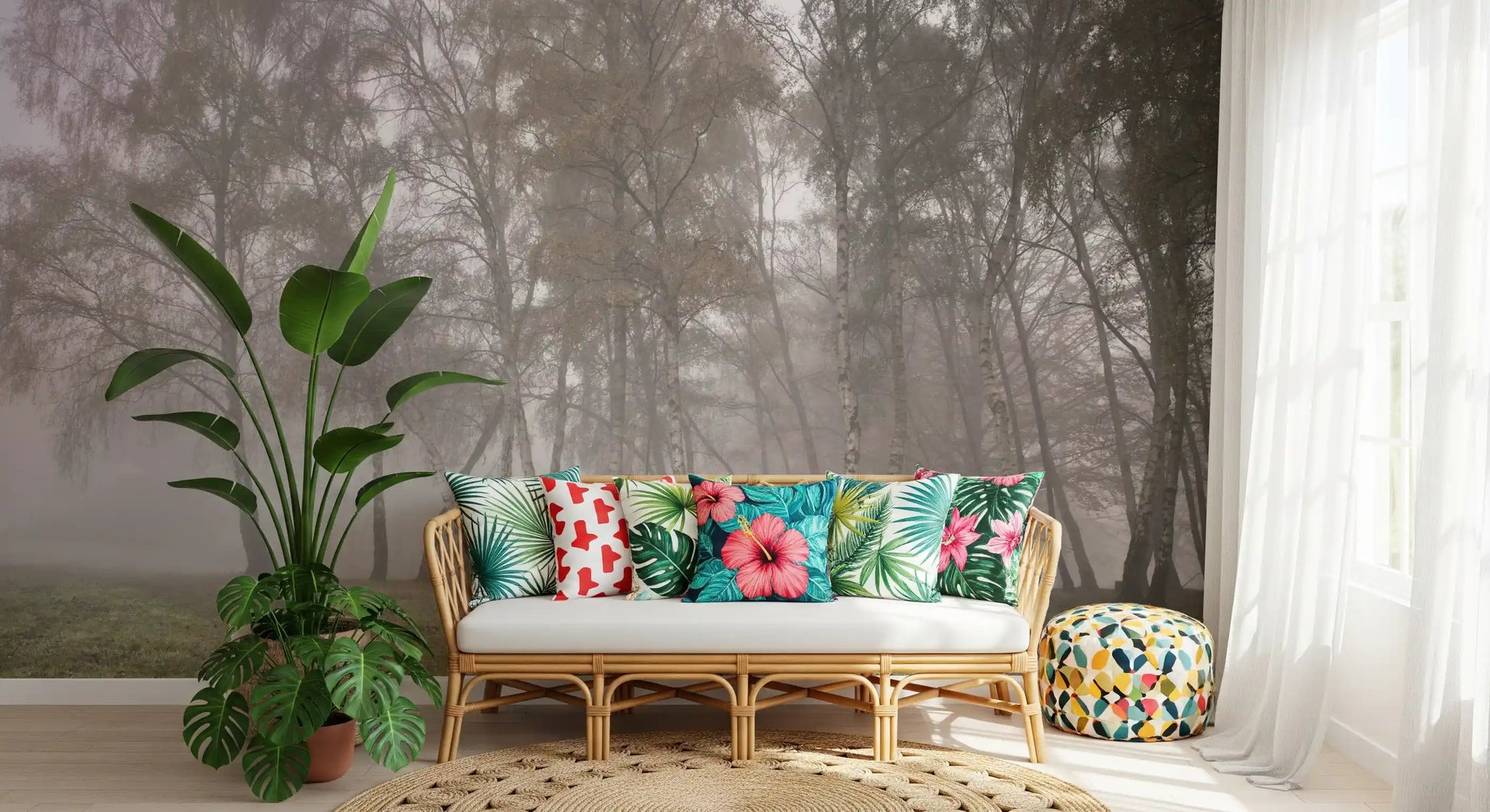 A botanical wall mural showing Misty Birch Grove imagery sits inside an airy lounge.