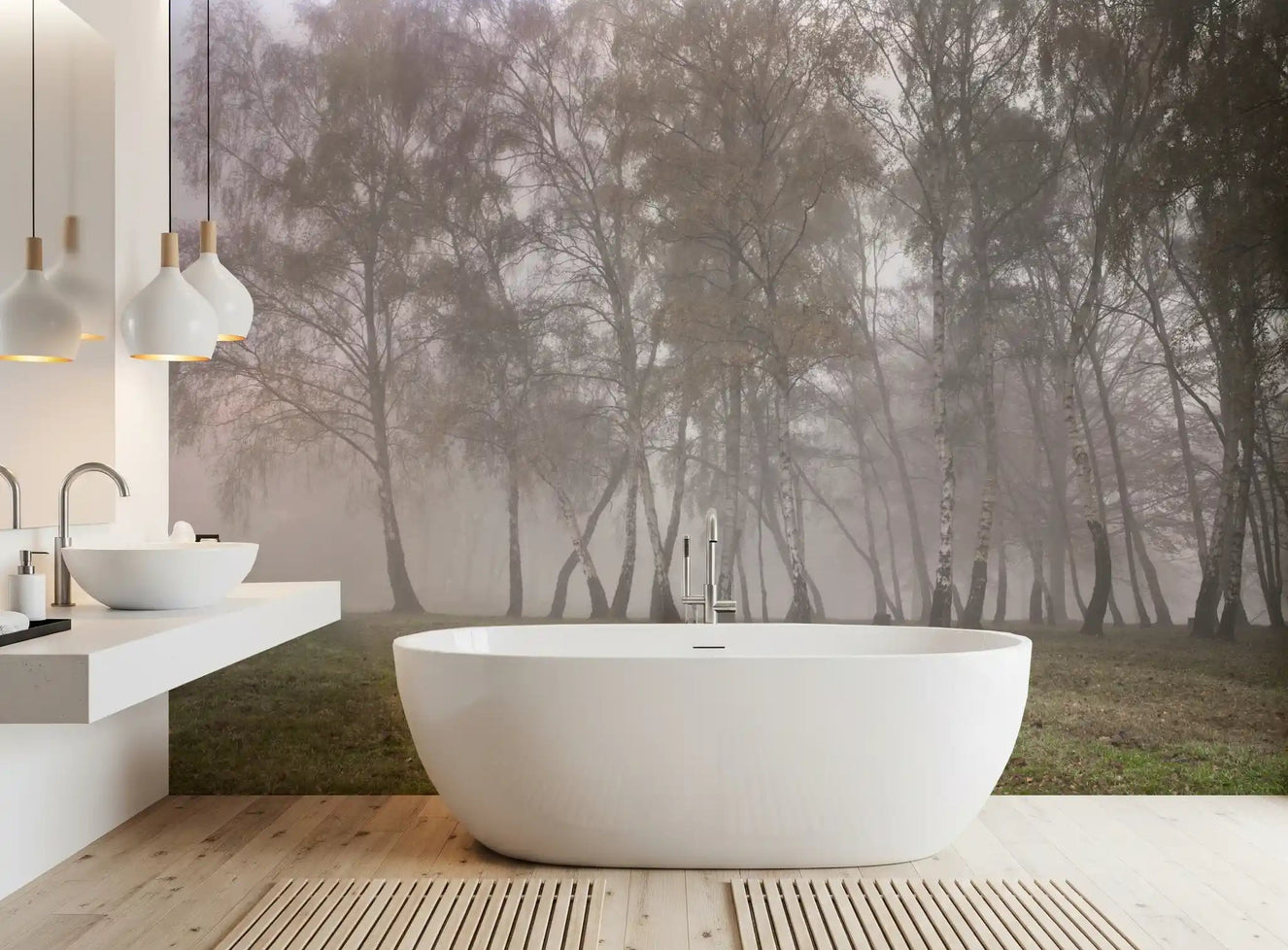 The bathroom interior this Misty Birch Grove landscape wall mural.