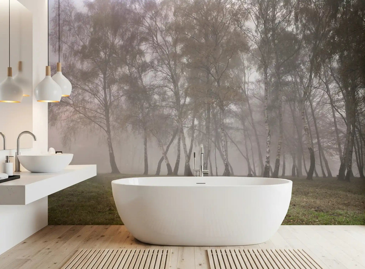 The bathroom interior this Misty Birch Grove landscape wall mural.