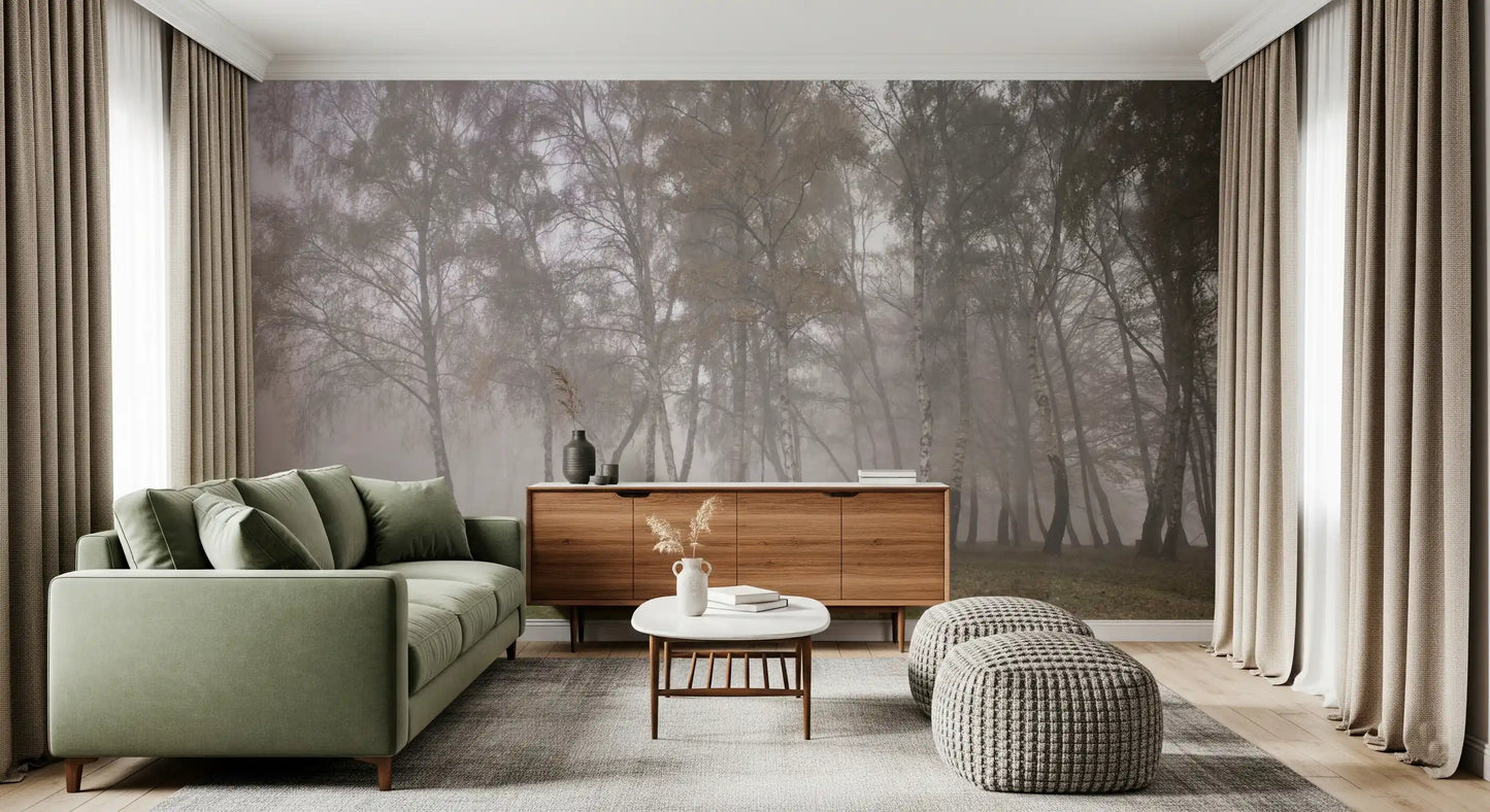 Pale white trunks the Misty Birch Grove scenery upon this smooth wall mural.