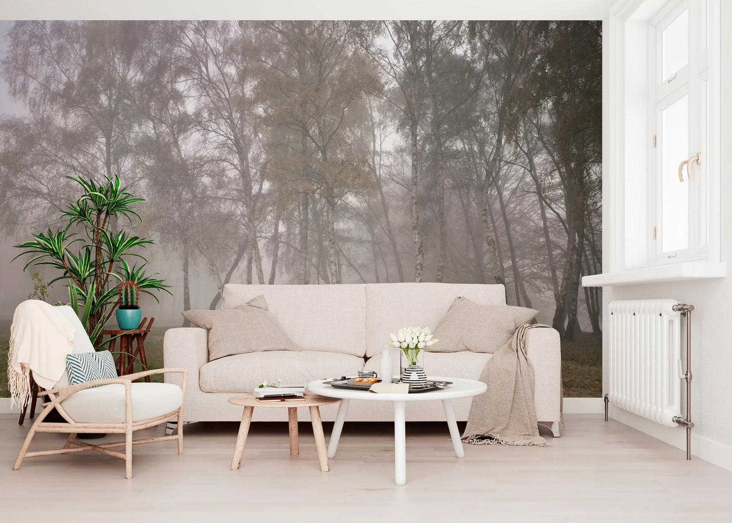 Golden autumn leaves contrast sharply against dense fog within the Birch wall mural.