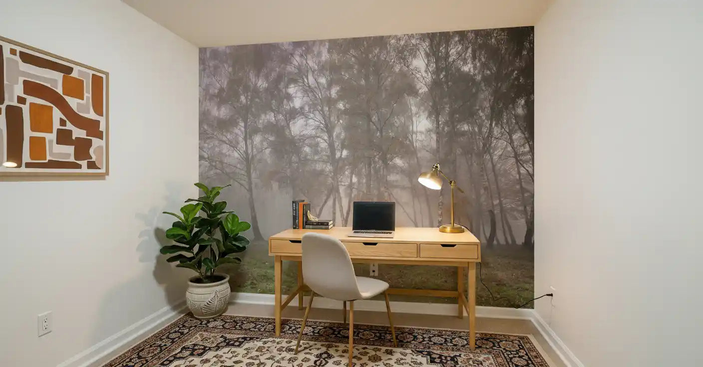 home office environments gain focus alongside a Birch wall mural scene.
