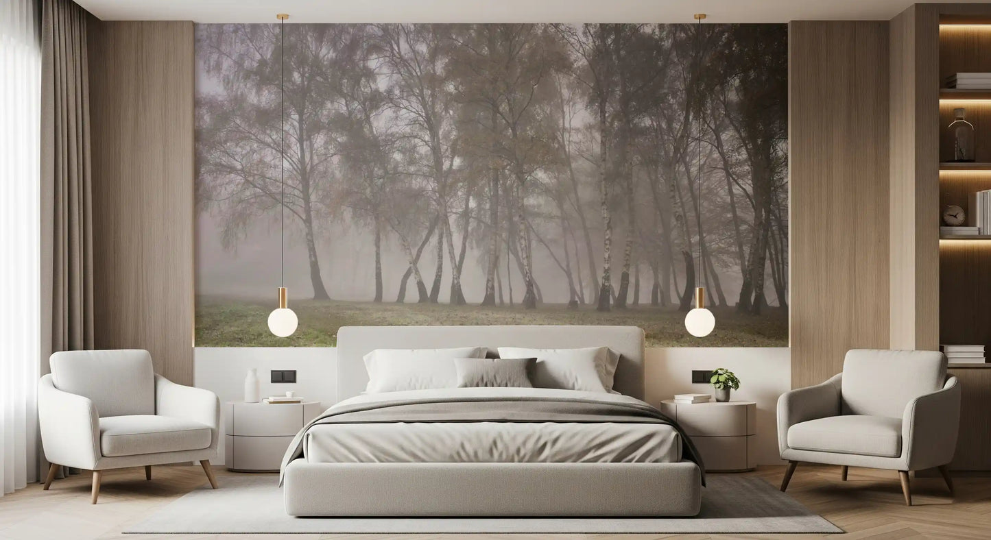 This custom wall mural accurately  the intricate Misty Birch Grove landscape.