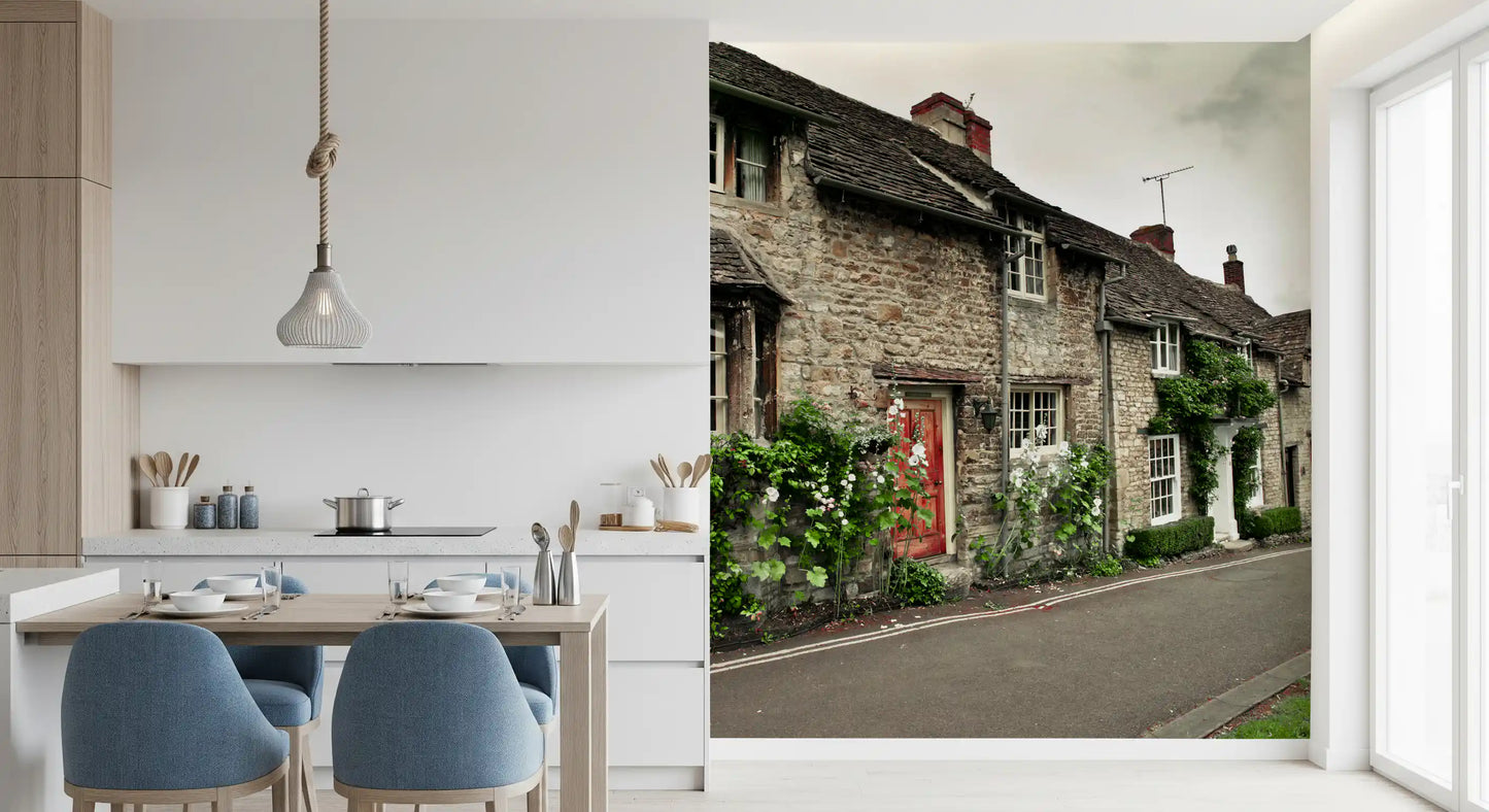 The Timeless English Cottages wall mural displays traditional pitched slate roofing tiles.