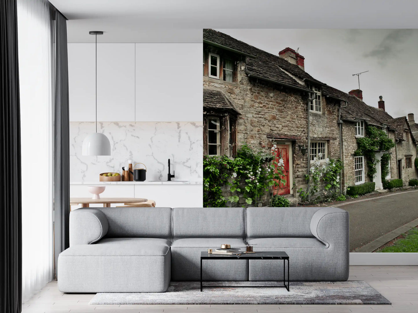 A bright red door contrasts with grey stone on the Timeless English Cottages wall mural.