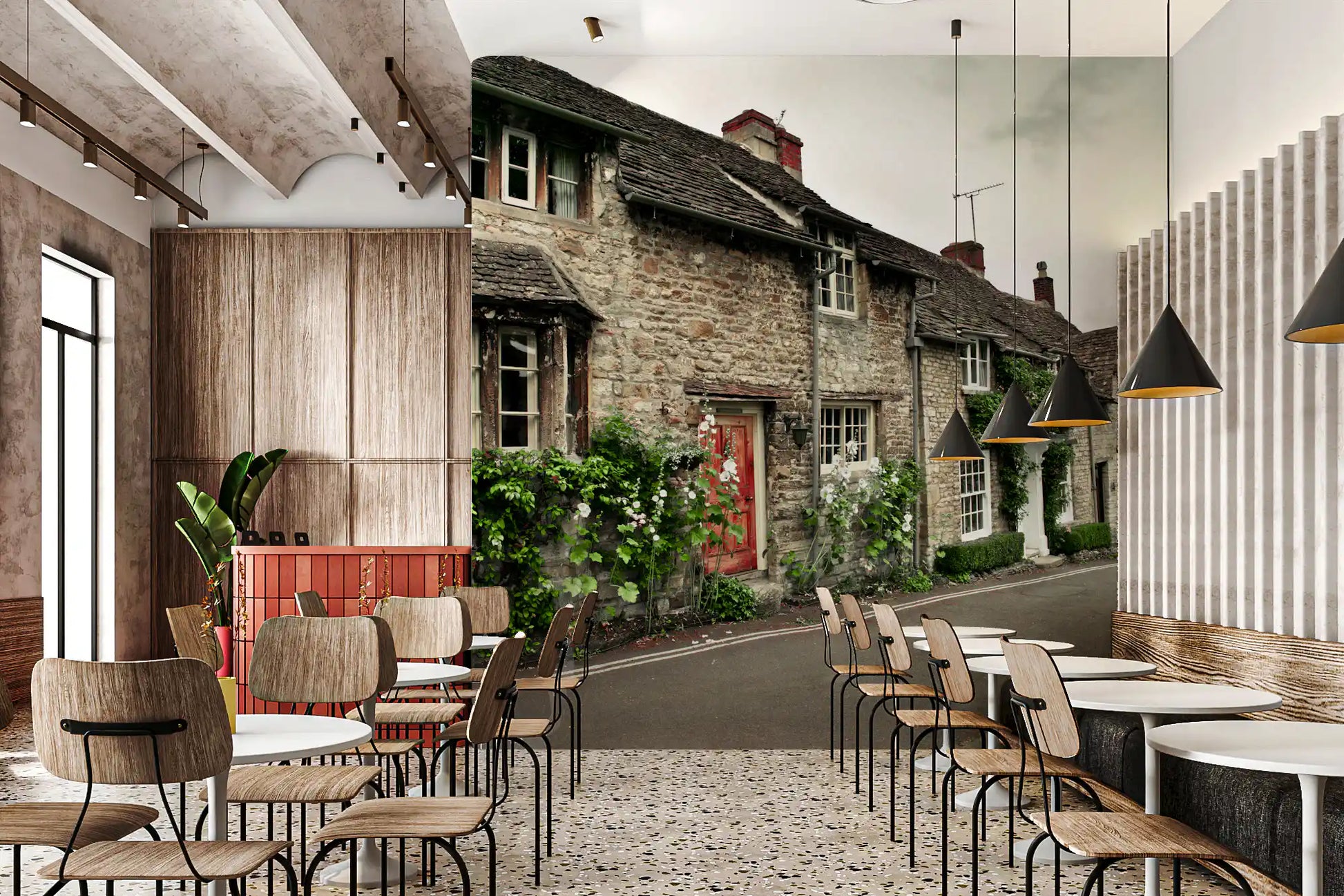 Café shadows stretch across the Timeless English Cottages wall mural pathway.