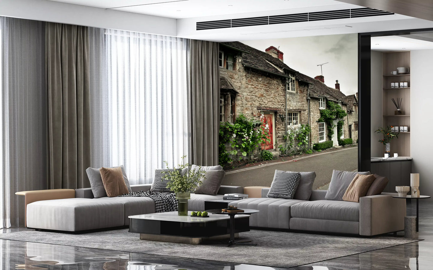 Weathered brick pathways lead the eye through an English rural village wall mural layout.