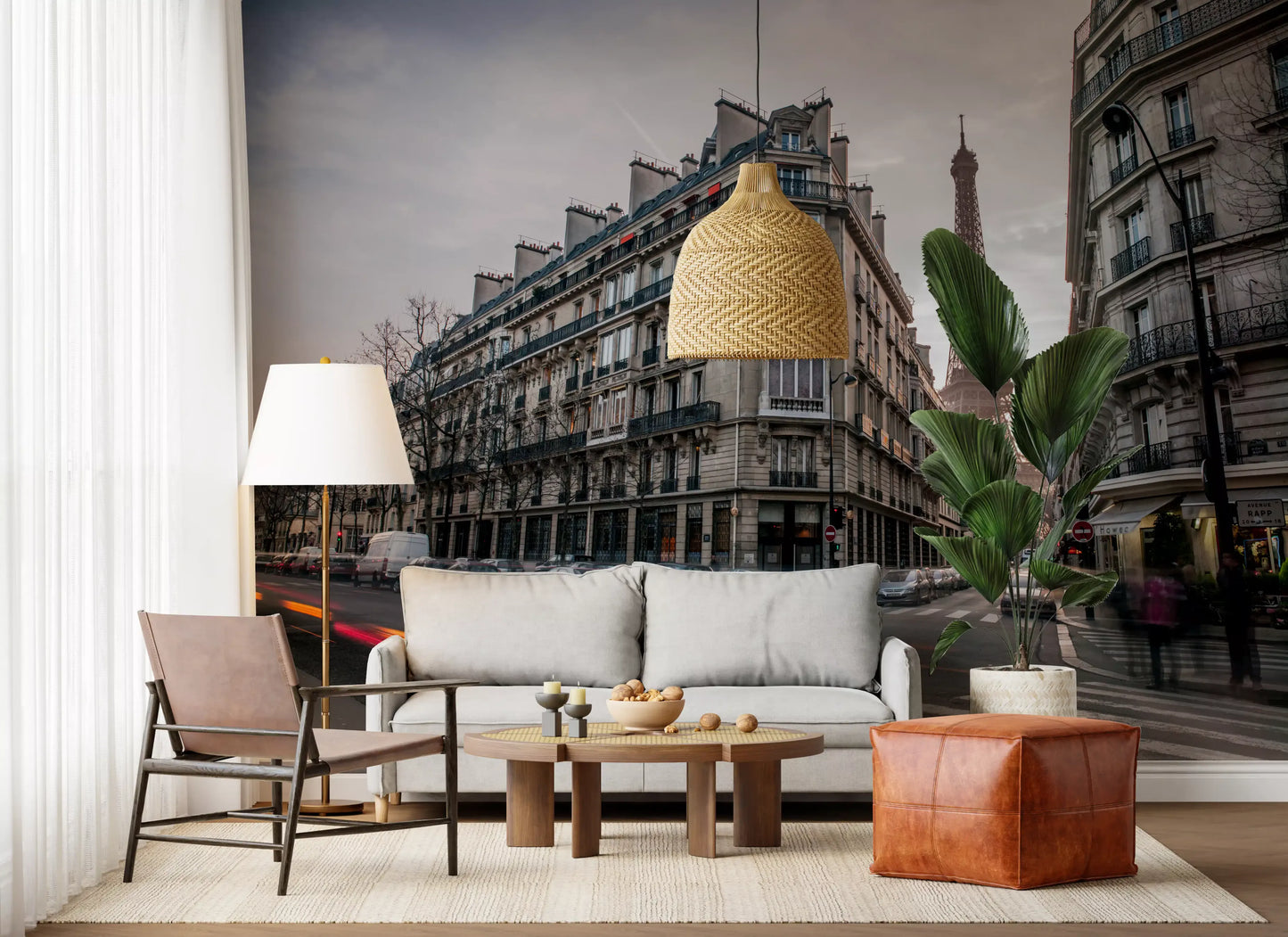Entryway featuring the towering Eiffel silhouette of the Flow wall mural.