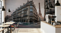 Cafe scene with Parisian Evening Flow Wall Mural completing the background.