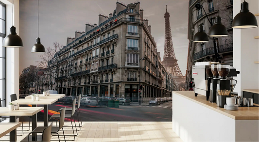 Cafe scene with Parisian Evening Flow Wall Mural completing the background.