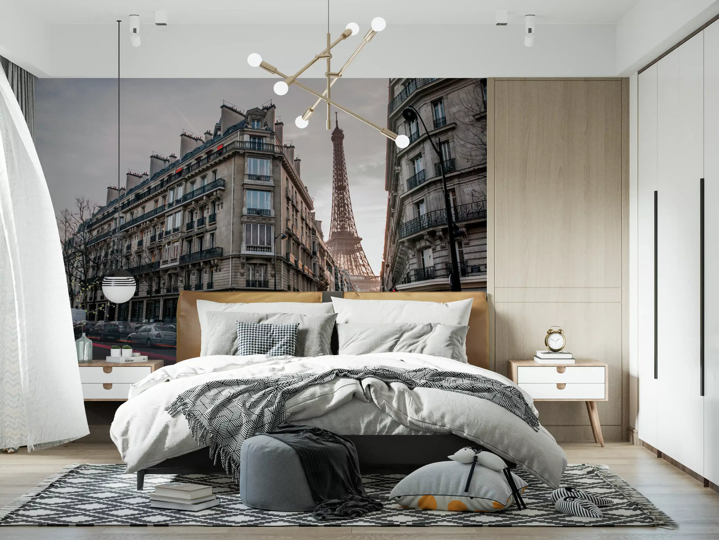 Long traffic trails in the Parisian wall mural updating a Bedroom.
