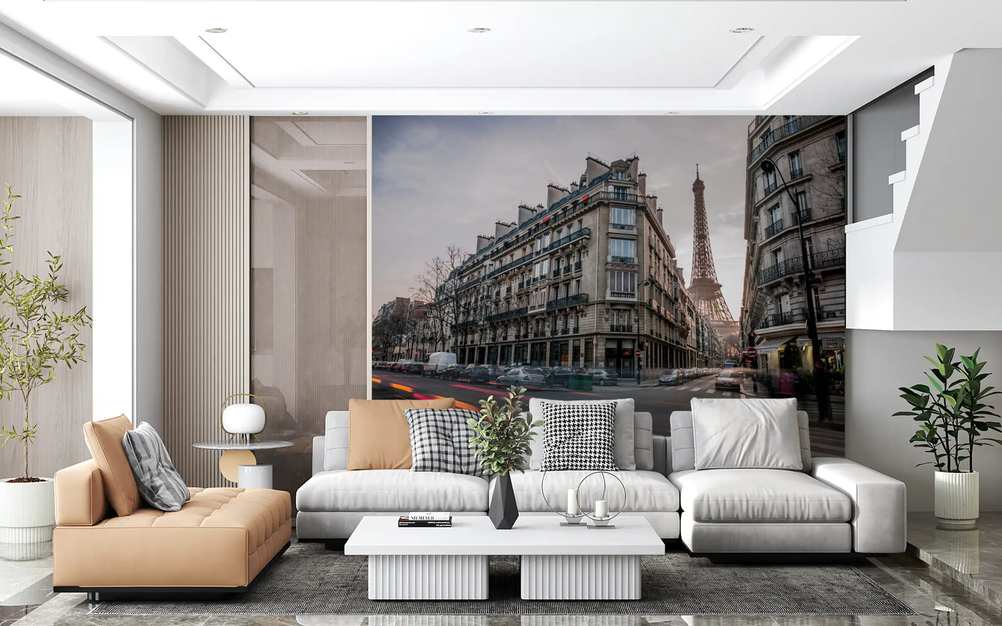 The Parisian wall mural displays a wide European avenue during twilight hours.