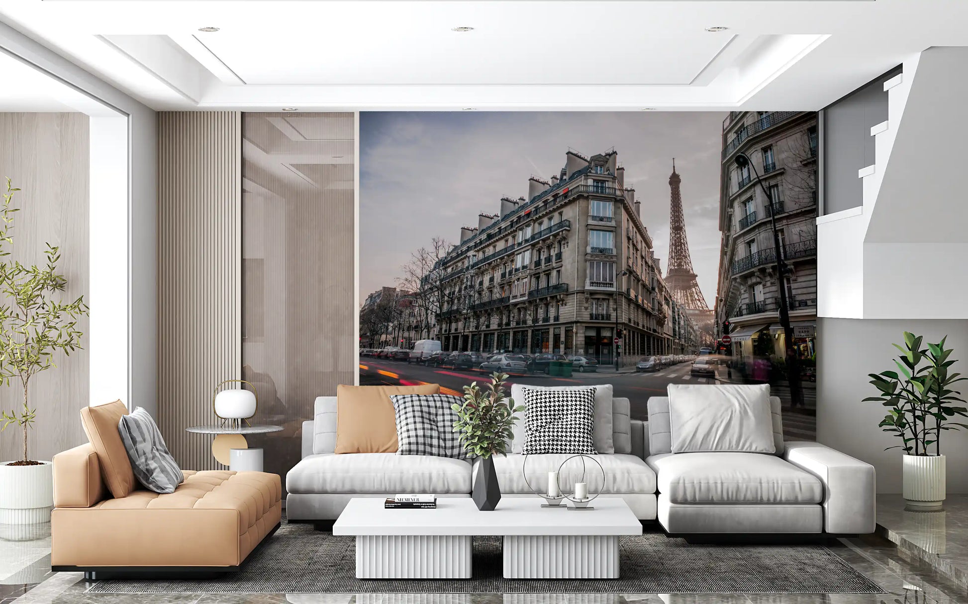 The Parisian wall mural displays a wide European avenue during twilight hours.