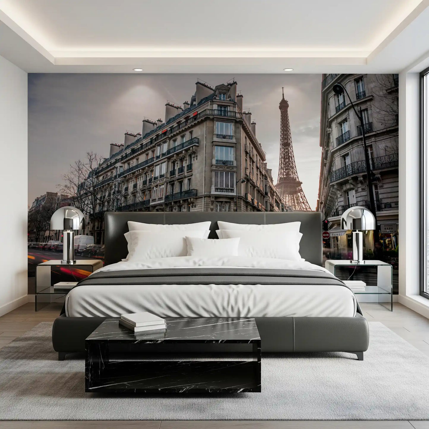 The urban Parisian Evening Flow Wall Mural installed inside a spacious Bedroom