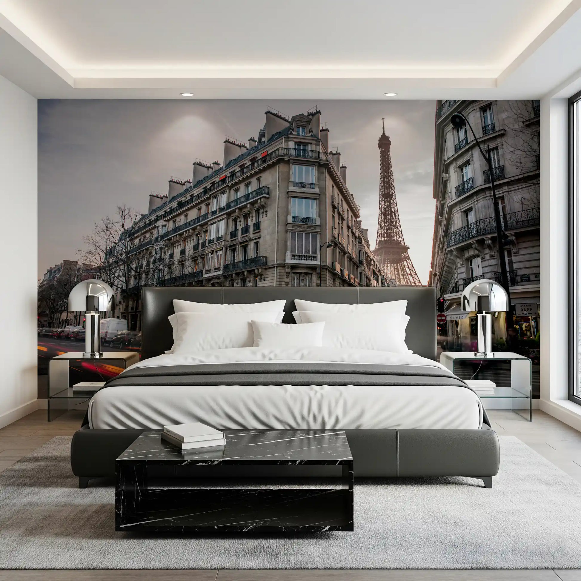 The urban Parisian Evening Flow Wall Mural installed inside a spacious Bedroom