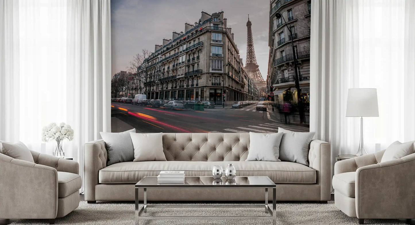 Muted dusk skies over the iron tower within the Parisian Evening Flow Wall Mural.