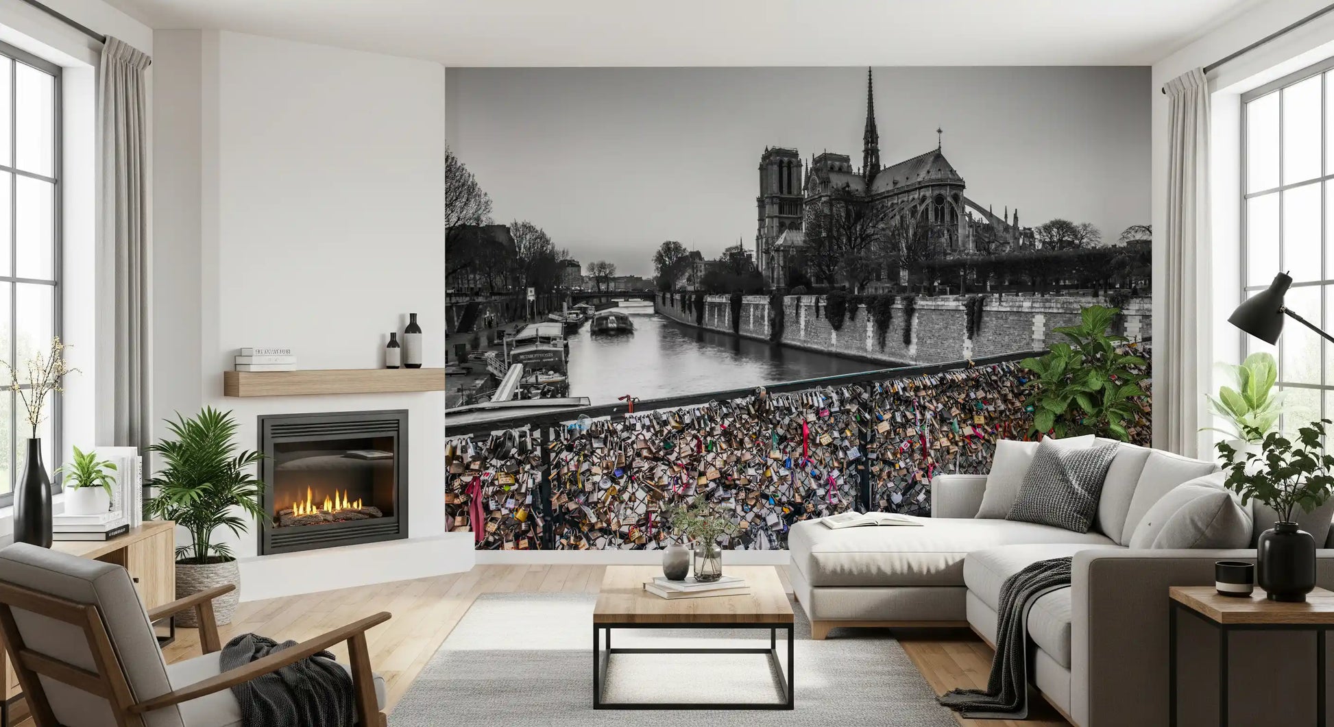 The Parisian Love Locks Notre Dame's Shadow wall mural shows a historic bridge.
