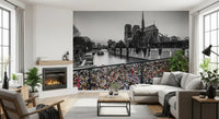 The Parisian Love Locks Notre Dame's Shadow wall mural shows a historic bridge.
