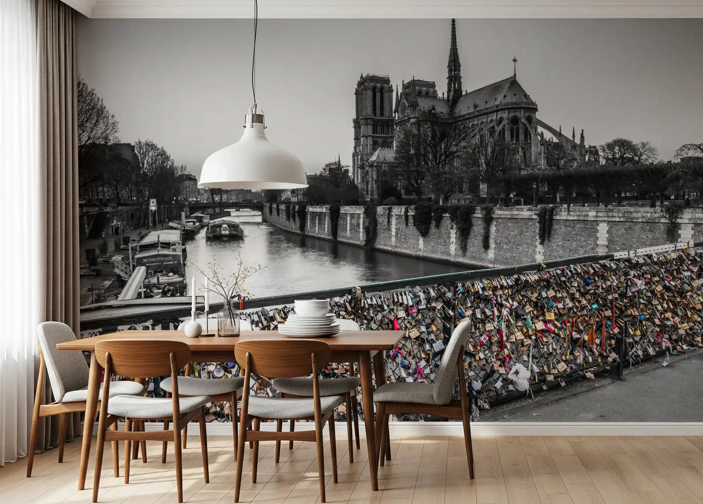 A quiet Dining room includes the Parisian Love Locks Notre Dame's Shadow wall mural.