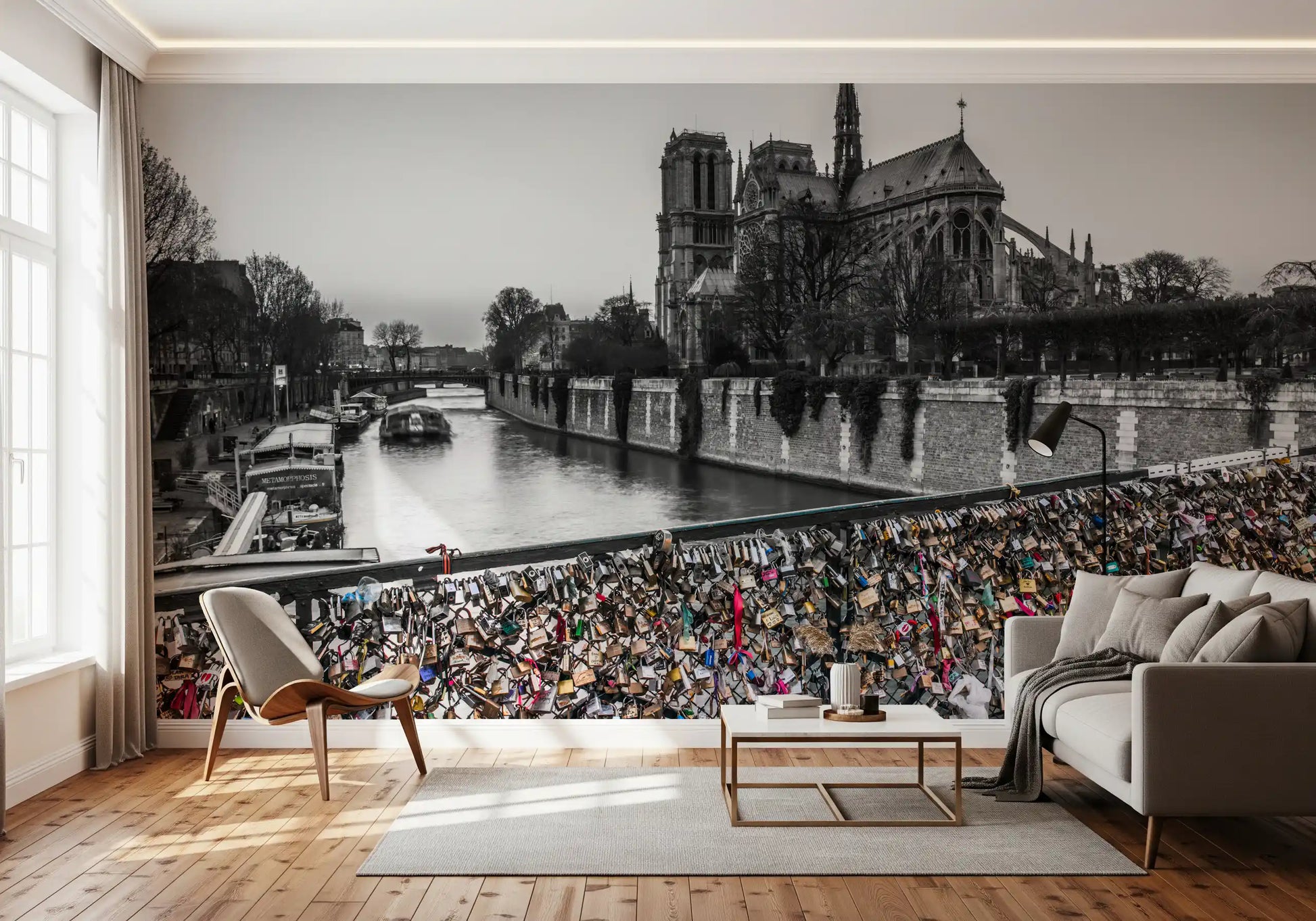 A Living room features the Parisian Love Locks Notre Dame's Shadow wall mural.