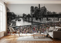A Living room features the Parisian Love Locks Notre Dame's Shadow wall mural.