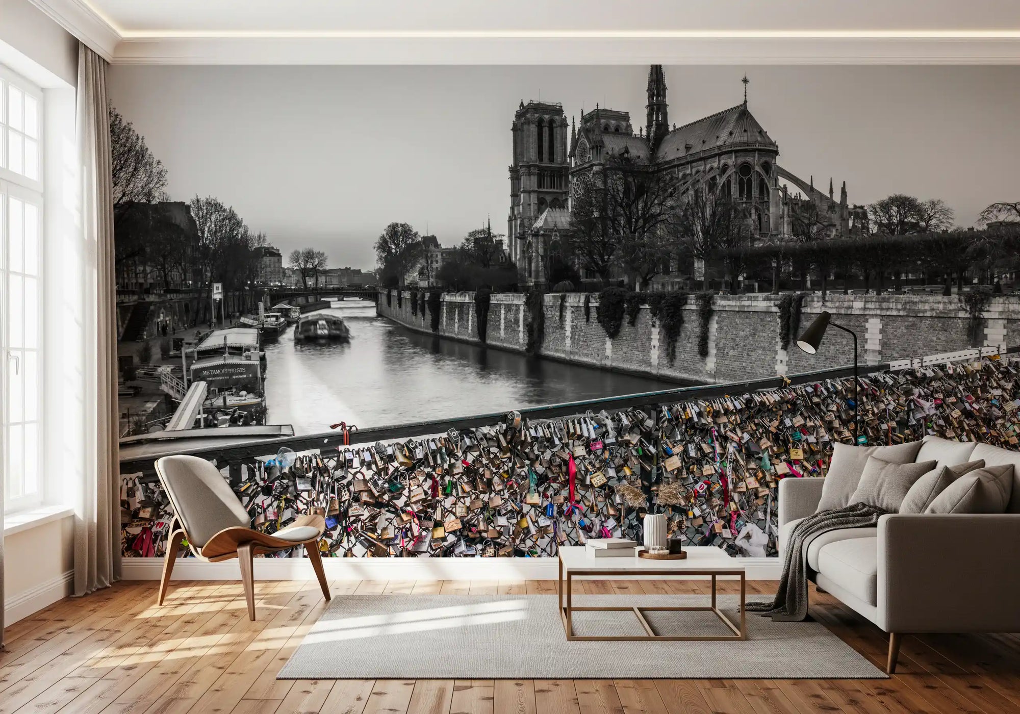 A Living room features the Parisian Love Locks Notre Dame's Shadow wall mural.