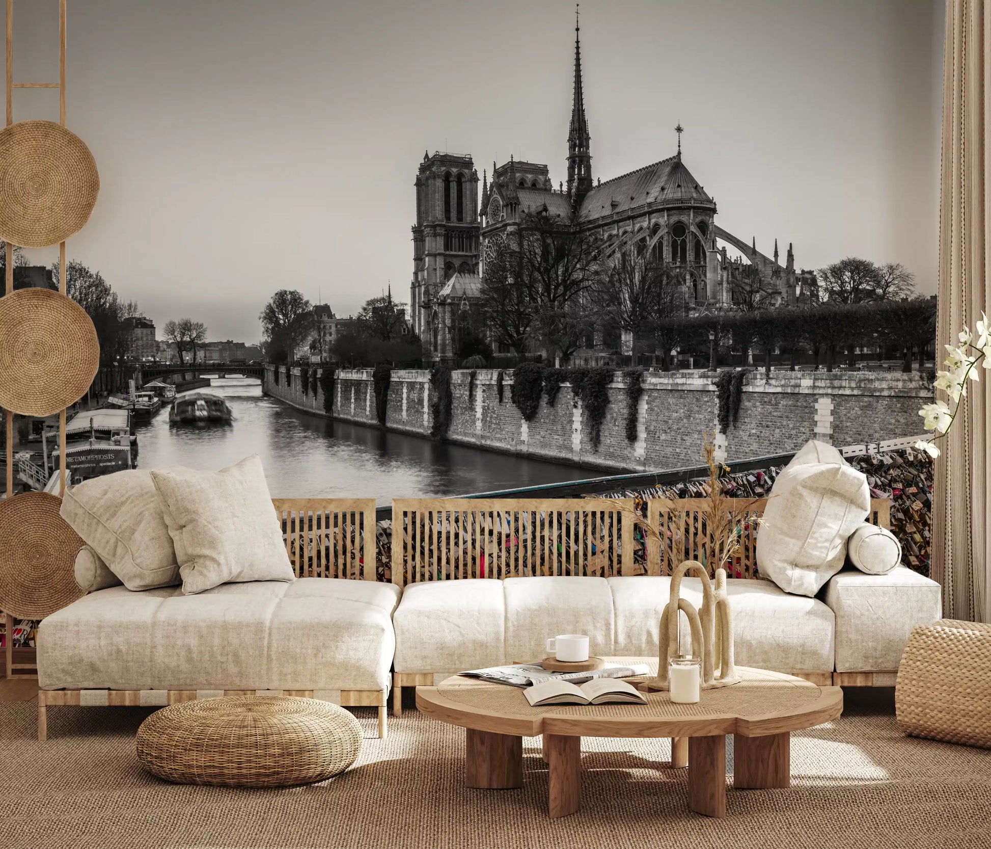 An entryway highlights the Parisian Love Locks Notre Dame's Shadow wall mural.