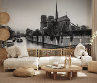 An entryway highlights the Parisian Love Locks Notre Dame's Shadow wall mural.