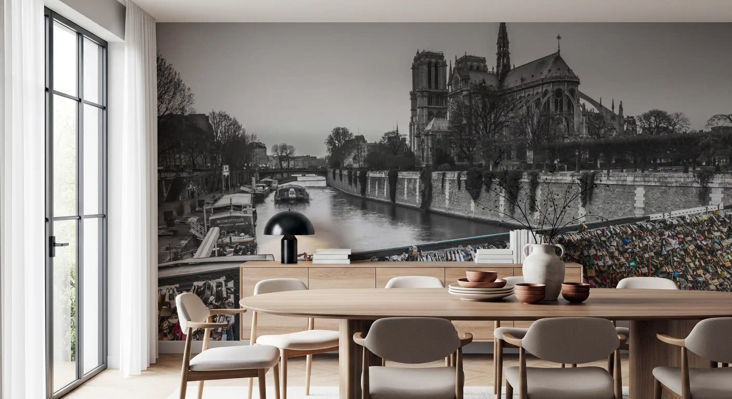 Notre Dame cathedral appears in the Parisian Love Locks Notre Dame's Shadow wall mural.