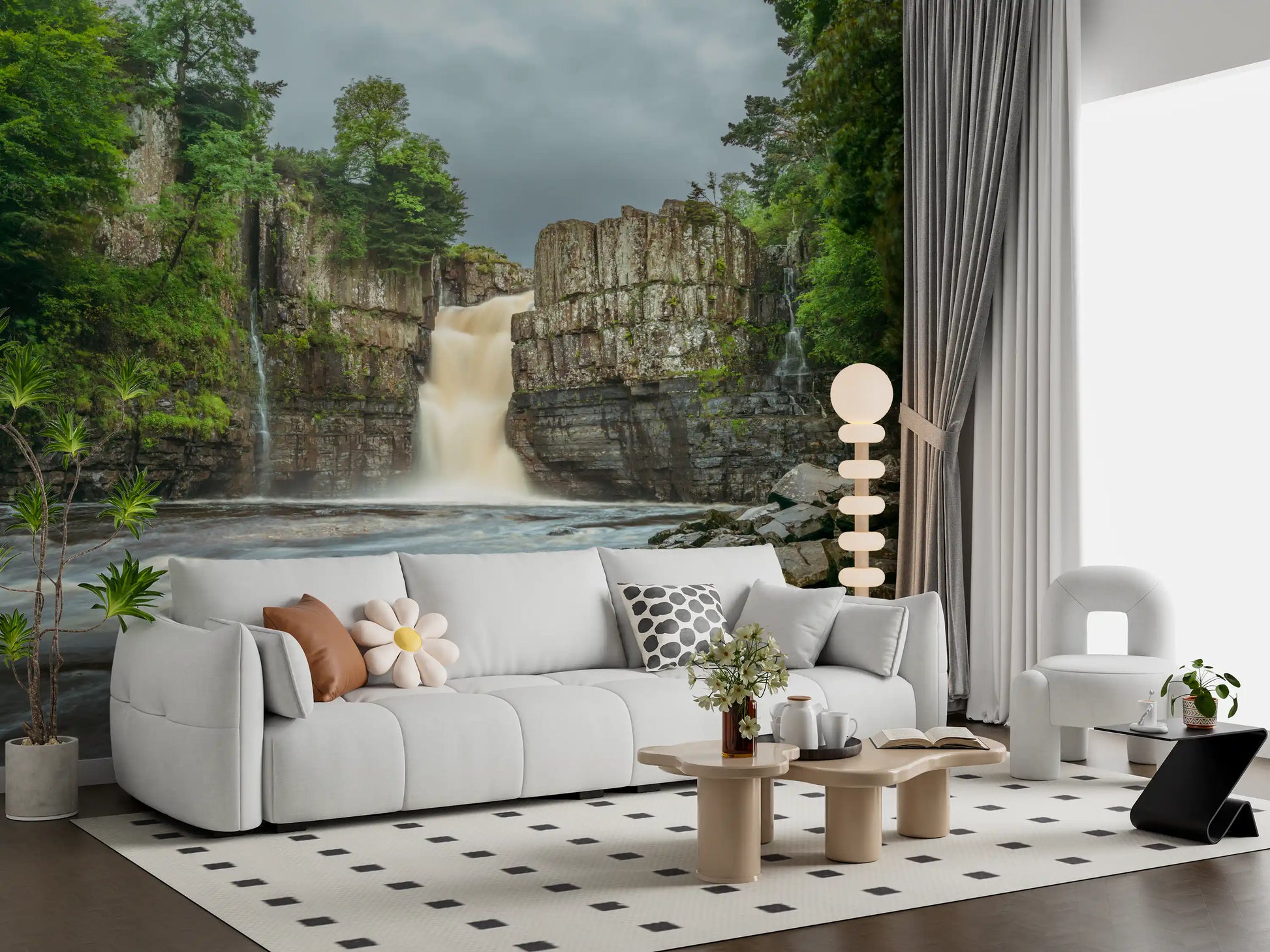 A waterfall plunges into the basin of a vibrant Falls wall mural.