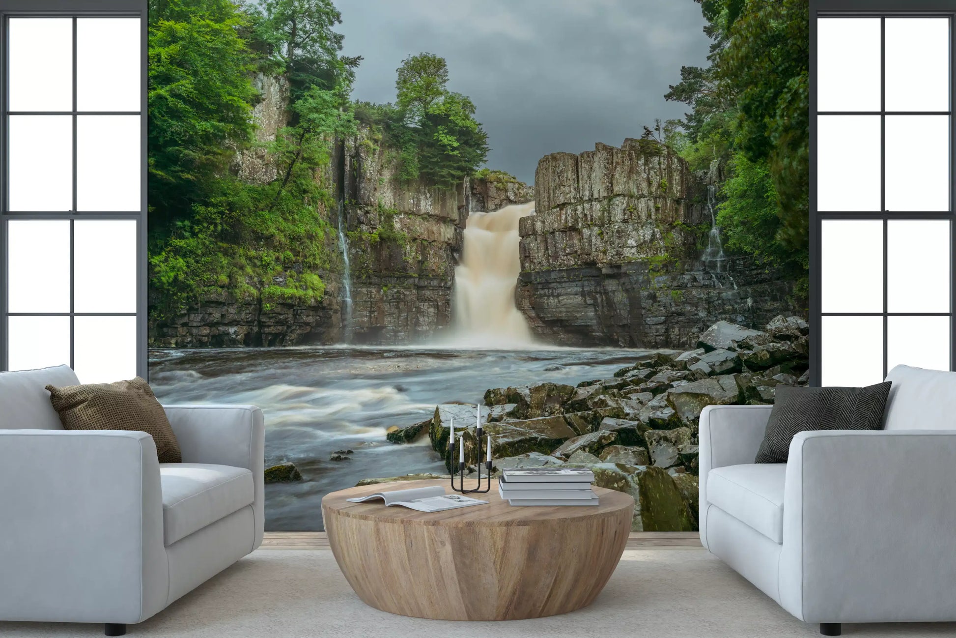 The Emerald Falls Serenity Wall Mural heavy clouds over a rocky gorge.