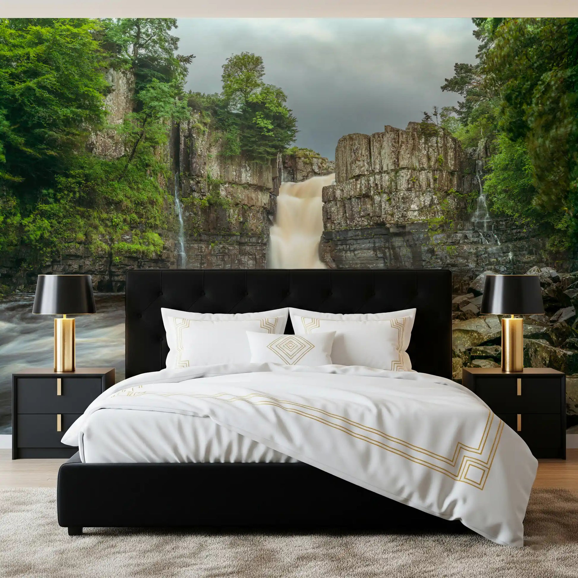 A spacious Bedroom proudly displays the Serenity wall mural.