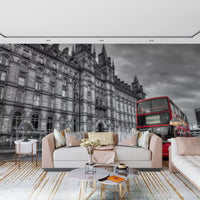 An Urban Historic Grandeur, Bold Red wall mural showing grayscale architecture.