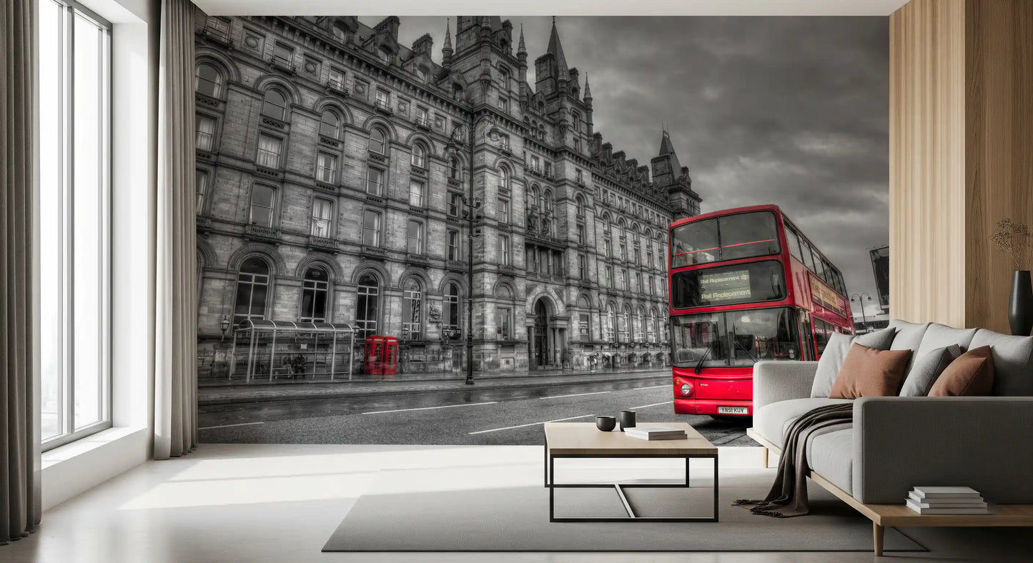 Urban Contrast Historic Grandeur, Bold Red wall mural inside a modern lounge area.