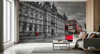 Urban Contrast Historic Grandeur, Bold Red wall mural inside a modern lounge area.