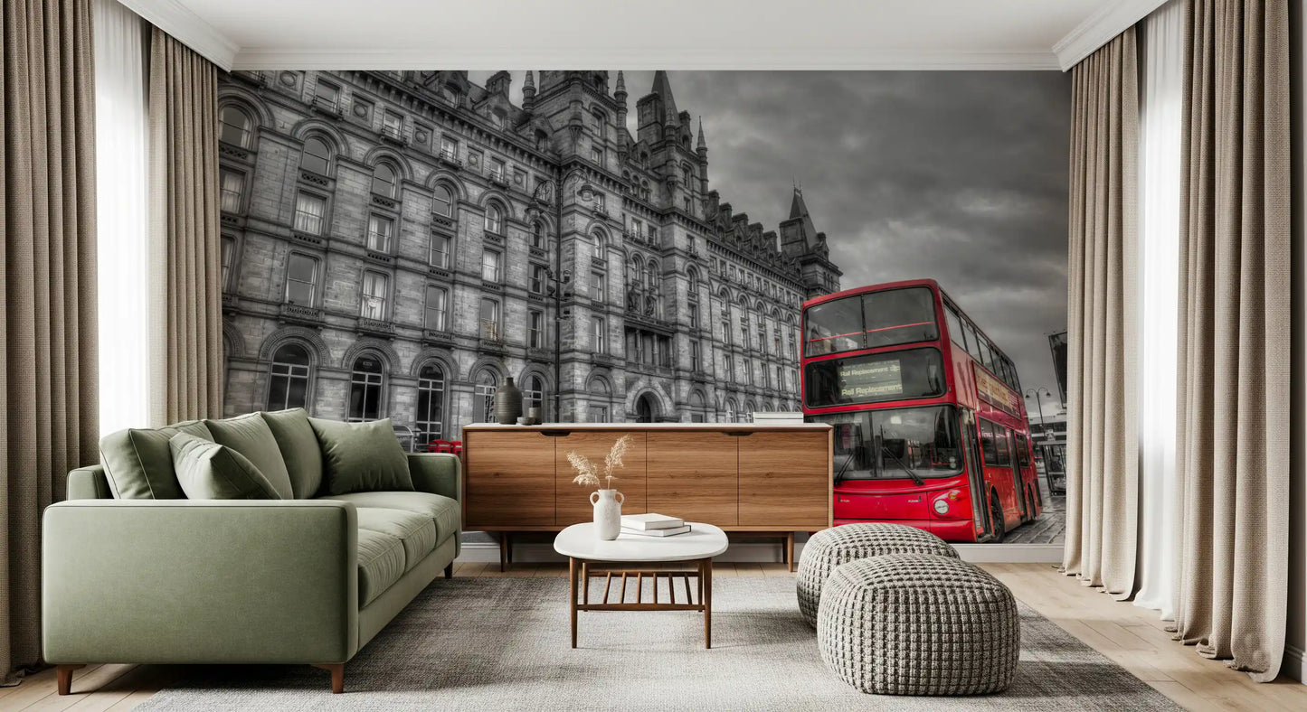 The Living room displays an Urban Contrast Historic Grandeur, Bold Red wall mural.