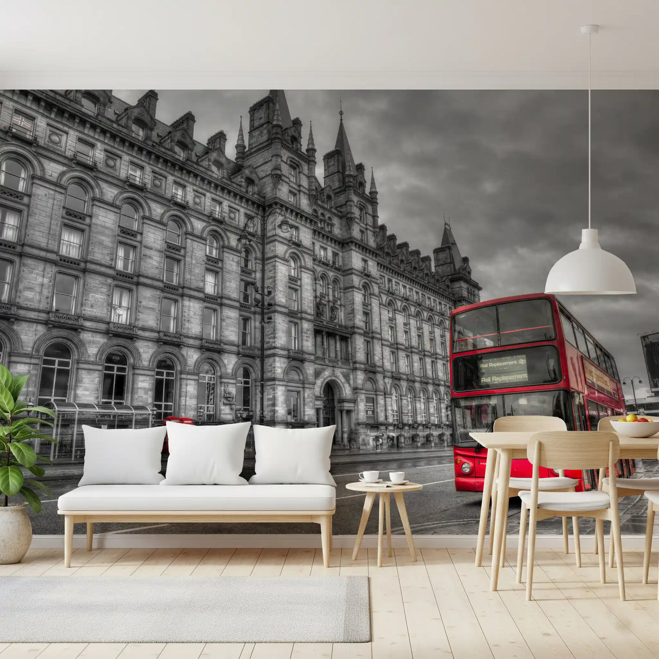 A Dining room features the Urban Contrast: Historic Grandeur, Bold Red wall mural.