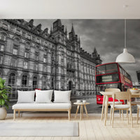 A Dining room features the Urban Contrast: Historic Grandeur, Bold Red wall mural.