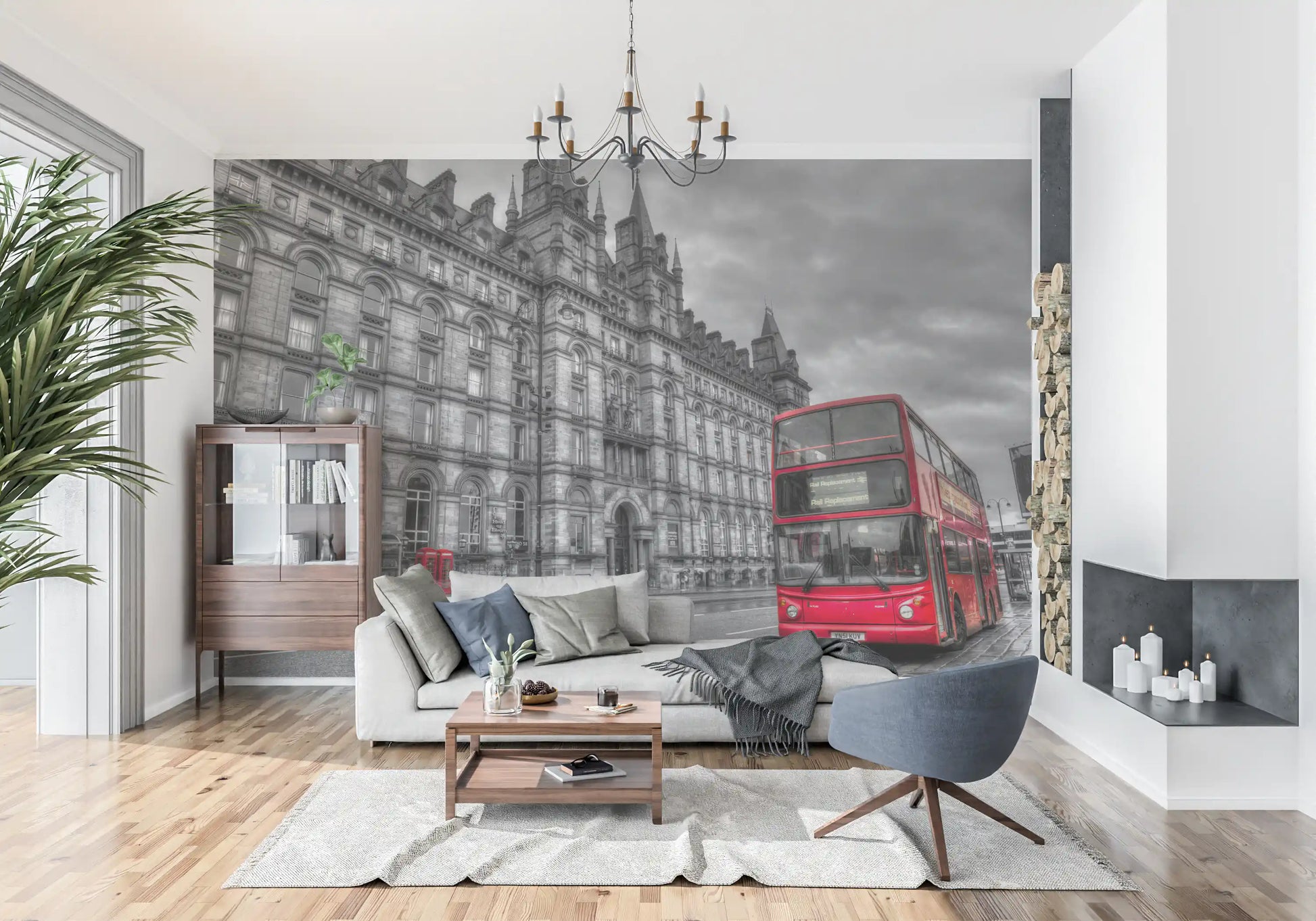 Saturated buses pop within the Urban Contrast: Historic Grandeur, Bold Red wall mural.