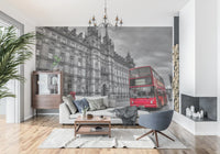 Saturated buses pop within the Urban Contrast: Historic Grandeur, Bold Red wall mural.