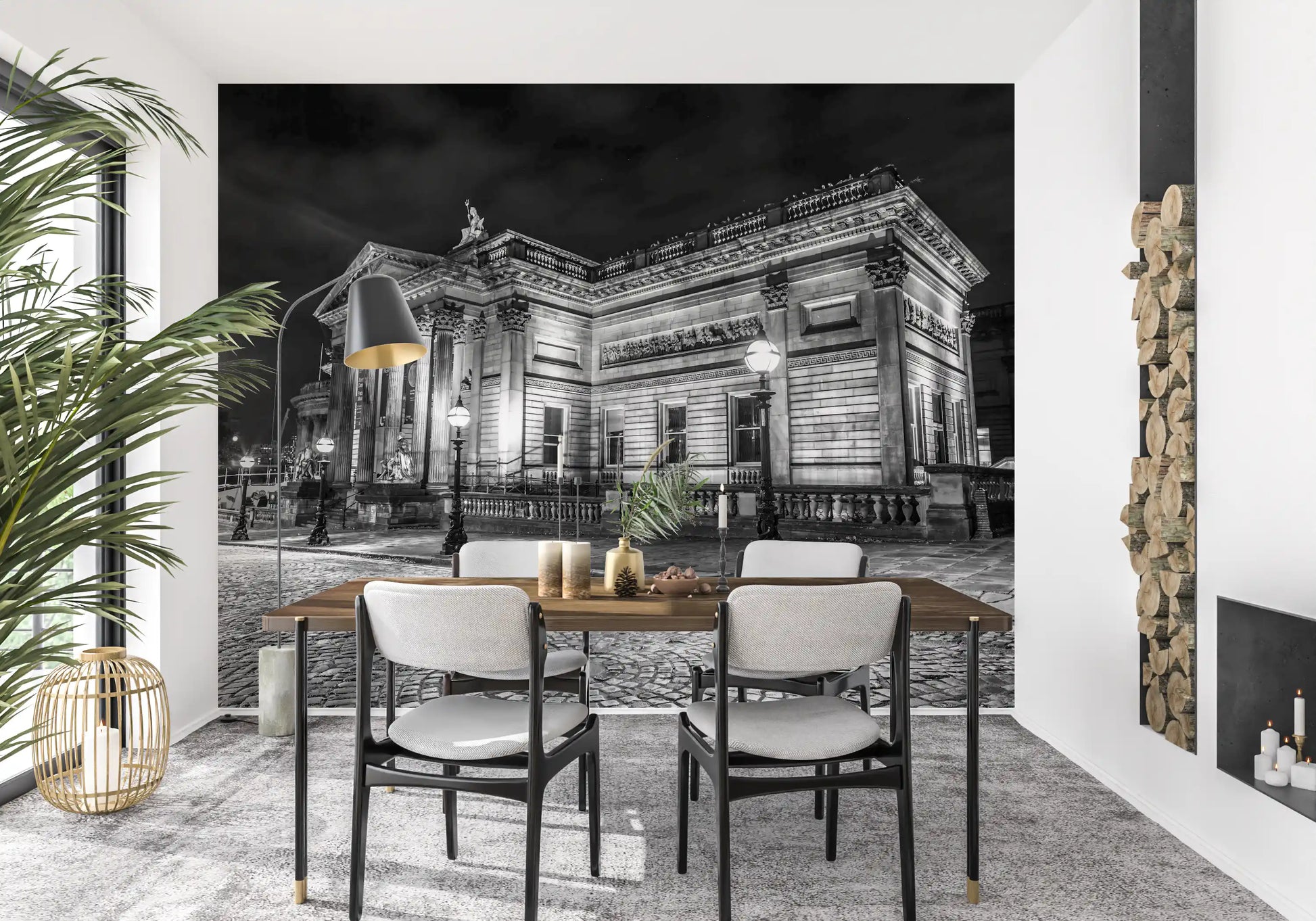 vintage lanterns illuminate the stone Classical Nightscape wall mural facade.