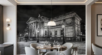 Dining room areas feature the Classical wall mural behind white sofas.