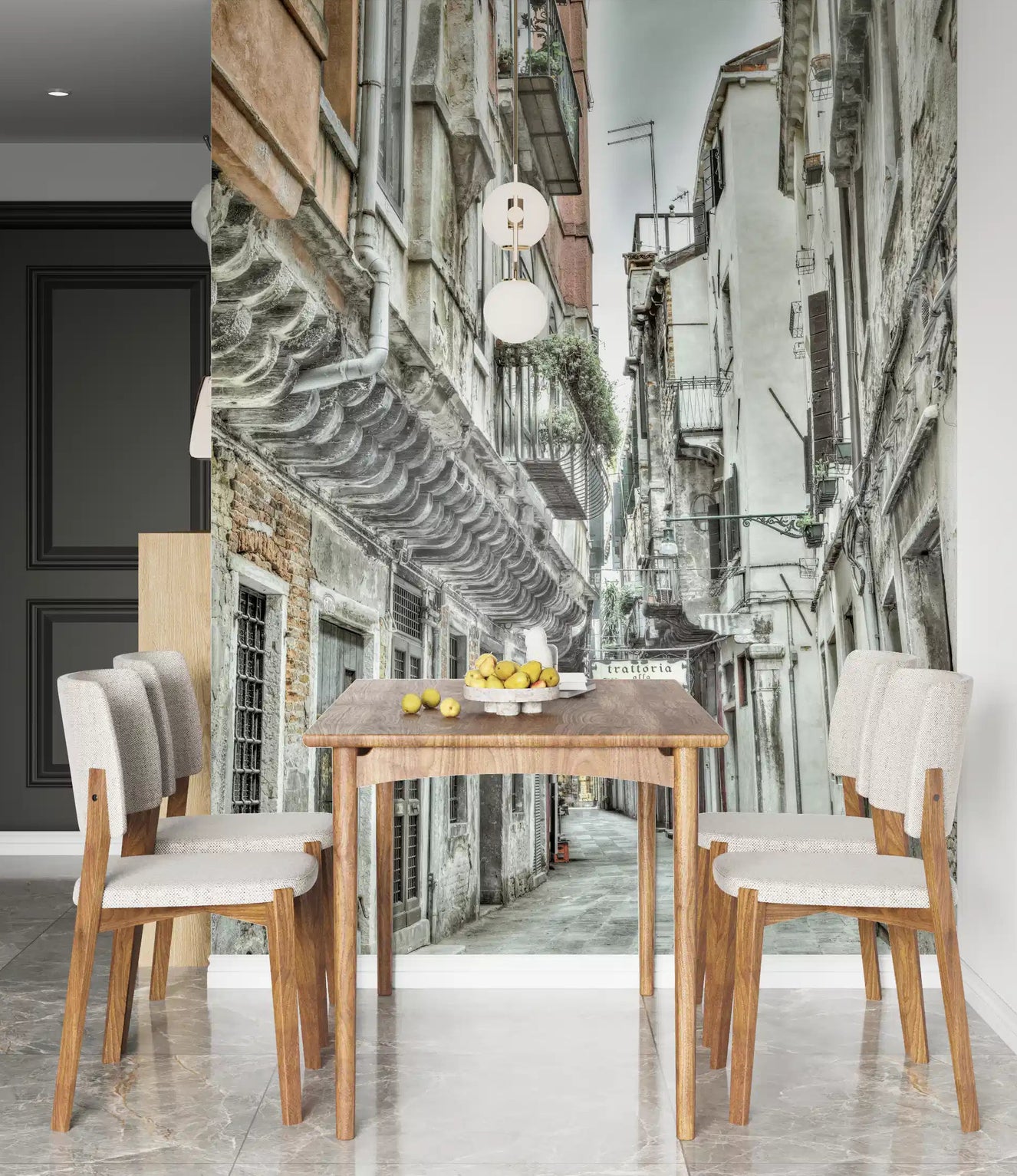 Dining area featuring the Venetian Alley Whisper Wall Mural .